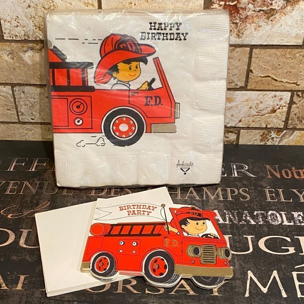 Vintage Firetruck Birthday Invitations and Napkins